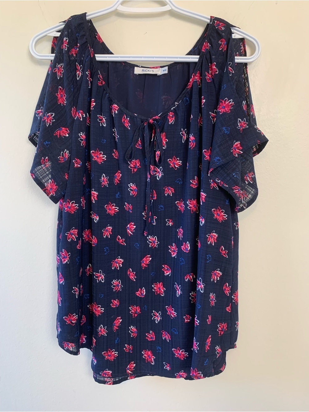 Ricki's Navy Blouse with Pink Floral Print and Tie Neck